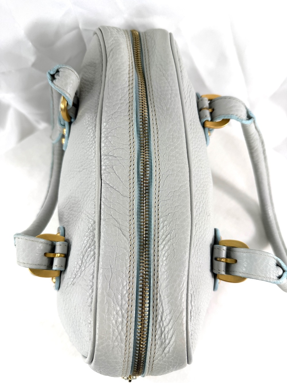 Dooney Bourke Pastel Blue Pebbled Leather Small Satchel Shoulder Bag Brass Studs - Picture 7 of 12